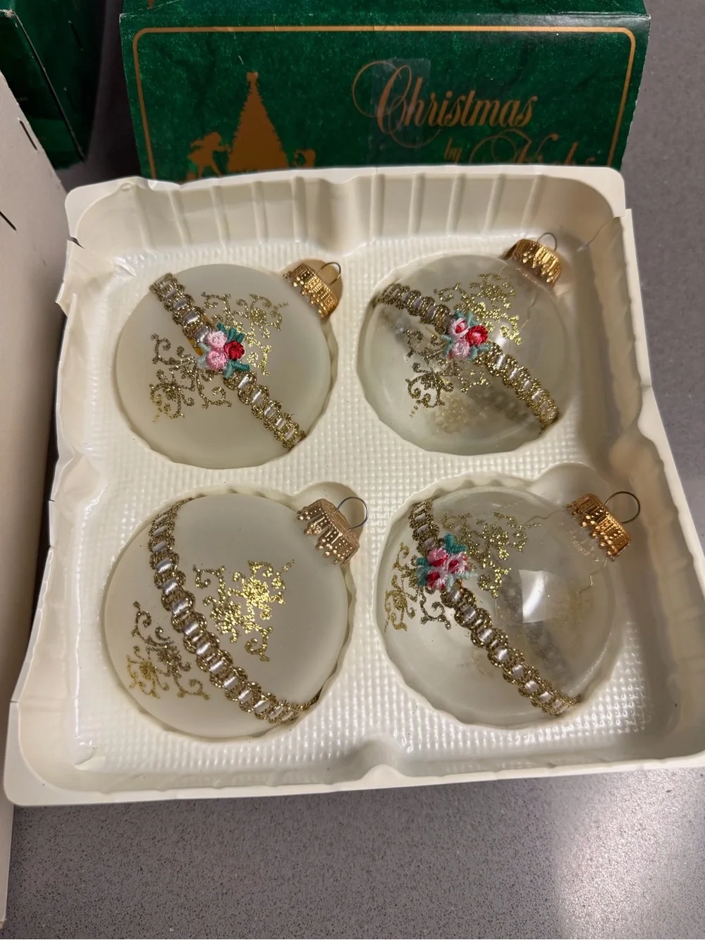 Vintage Christmas by Krebs Glass Ornaments Lot 7 Pink Flowers Gold Boxed